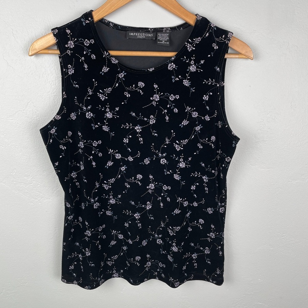 Vtg Impressions Velvet Floral Tank M Black Velour Whimsigoth Witchy Fairy Y2K